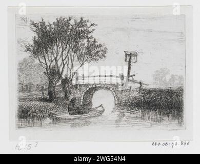 Stenen Brug, Hermanus Jan Hendrik Rijkelijkhuizen, 1823 - 1883 stampa Vista di un paesaggio pianeggiante con un ponte di pietra con un pescatore in barca. Vicino al ponte due salici di pollard e un piatto. Carta di Utrecht. acquaforte/punto a secco canottaggio, canoa, ecc. fisherman. alberi: willow. ponte. brook Foto Stock