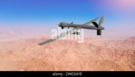 Drone militare mq che sorvola il deserto in Medio Oriente Foto Stock