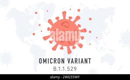 Banner orizzontale con nuova variante Covid Omicron. Batteri rossi della nuova mutazione del Coronavirus sullo sfondo con la mappa del mondo. Poster vettoriale o illustrazione Illustrazione Vettoriale