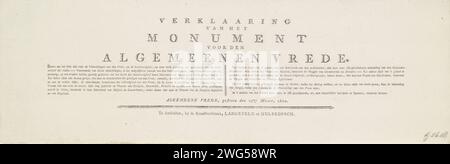 Foglio di testo in stampa con allegoria e calligrafia sulla pace di Amiens, 1802, Langeveld e Hulsebosch, 1802 foglio di testo rivista di testo con in due colonne la spiegazione della rappresentazione della stampa con l'allegoria sulla pace conclusa ad Amiens il 27 marzo 1802, tra la Repubblica Batava e la Francia e la Gran Bretagna. Stampa di carta da lettera Amsterdam Foto Stock