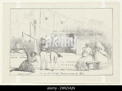 Cartoni della mostra di maestri viventi a l'Aia, 1839, 1839 stampa Cartoon nella mostra di dipinti di maestri viventi a l'Aia nel 1839. Le opere premiate sono state trovate essere diversi artisti del Brabante e, secondo le voci, già prima della mostra di proprietà del Barone de Ceva, aiutante del Principe Frederik e membro del comitato espositivo. Dietro un bancone c'è la Ceva con un dipinto che mostra a un cliente interessato. A sinistra a terra un disperato pittore olandese che tira invano su una scala, due orologi da pittore brabante divertiti, uno con sacchi di denaro Foto Stock