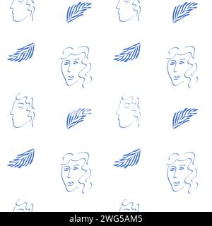 Motivo senza cuciture alla moda con volti umani astratti ispirati a Matisse e foglie tropicali. Ritratto semplice con design semplice e piatto su sfondo bianco Illustrazione Vettoriale