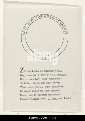 Medaglione Blanco per un ritratto di Luigi XVI, 1781, Anonimo, 1781 stampa Foglia con un medaglione vuoto destinato a un ritratto del re di Francia Luigi XVI, 1781. Con otto linee di lode al re. Stampa di carta da lettera nei Paesi Bassi del Nord, quarta guerra anglo-olandese Foto Stock