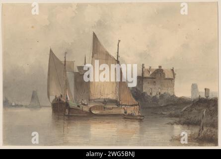 Vista sul fiume con una nave a vela, Antonie Waldorp, 1813 - 1866 Drawing River Face con nave a vela, che è ormeggiata sul lato; sulla destra una vecchia casa. carta. inchiostro. acquerello (vernice). pennello a matita/penna river. barca a vela, barca a vela Foto Stock