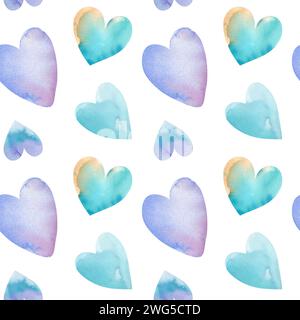 Acquerello pattern di cuori senza cuciture su sfondo bianco. L'illustrazione è disegnata a mano. San Valentino, arredamento natalizio. Per la stampa di cartoline un Foto Stock