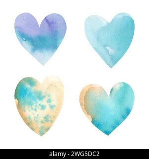 Cuori di acquerello di colori diversi in un set su sfondo bianco. L'illustrazione è disegnata a mano. La festa è San Valentino. Cartolina, templa Foto Stock