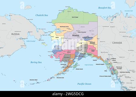 Mappa politica che mostra le contee che compongono lo stato dell'Alaska negli Stati Uniti Foto Stock