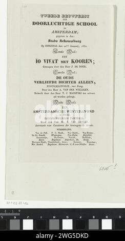 Annuncio dello spettacolo teatrale al secondo centenario dell'Athenaeum illustre di Amsterdam, 1832, 1832 foglio di testo annuncio stampato o programma per la serata teatrale in occasione della festa del secondo secolo (1632-1832) dell'Athenaeum illustre di Amsterdam, allo Stadsschouwburg di Amsterdam, 10 gennaio 1832. Programma in tre parti: Cantare, una commedia 'solo l'antico poeta d'amore 'e la presentazione della scena storica' una serata invernale di Amsterdam nel 1632 ', di Jacob van Lennep. Carta da lettera Amsterdam Stadsschouwburg Foto Stock