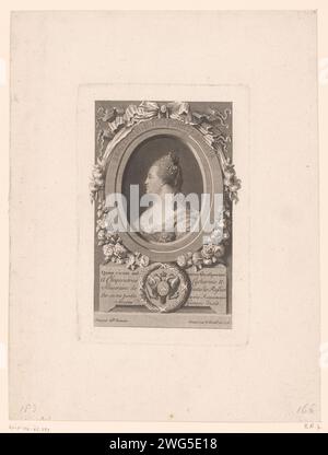 Ritratto di Catharina II van Russia, Francesco Anna David, dopo Mademoiselle Rameau, stampa del 1773 France paper Engraving / etching Historical Persons - BB - Woman. Righello, sovrano - BB - righello femmina. ornamento  medaglione. cuscinetto araldico Foto Stock