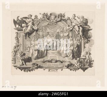 Hymen collega le case di Baviera e Borgogna, Bernard Picart, 1732 stampa il dio del matrimonio Hymen collega gli stemmi di Baviera e Borgogna. Sotto lo spettacolo il motto: Cernes quae Surger Regna Coniugio tali! Tipografia: Amsterdampublisher: The Hague paper etching / incisione (storia di) Hymen(aeus). stemma (simbolo dello stato, ecc.). matrimonio, coppia sposata, matrimonio Foto Stock