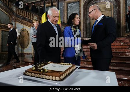 Bruxelles, Belgio. 3 febbraio 2024. Hadja LAHBIB, ministro degli Esteri e Joseph Borrell durante la celebrazione del 50° anniversario del Consiglio Gymnich a Bruxelles, in Belgio, il 3 febbraio 2024. Credito: ALEXANDROS MICHAILIDIS/Alamy Live News Foto Stock