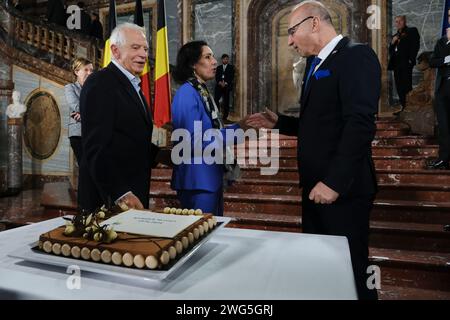 Bruxelles, Belgio. 3 febbraio 2024. Hadja LAHBIB, ministro degli Esteri e Joseph Borrell durante la celebrazione del 50° anniversario del Consiglio Gymnich a Bruxelles, in Belgio, il 3 febbraio 2024. Credito: ALEXANDROS MICHAILIDIS/Alamy Live News Foto Stock