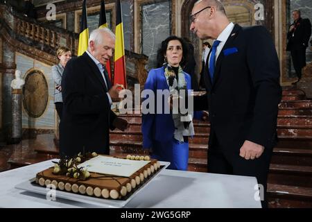 Bruxelles, Belgio. 3 febbraio 2024. Hadja LAHBIB, ministro degli Esteri e Joseph Borrell durante la celebrazione del 50° anniversario del Consiglio Gymnich a Bruxelles, in Belgio, il 3 febbraio 2024. Credito: ALEXANDROS MICHAILIDIS/Alamy Live News Foto Stock