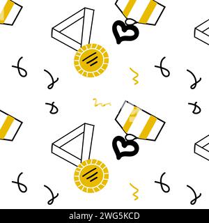 Medaglie e nastri disegnati a mano su sfondo doodle. Illustrazione vettoriale isolata. Primo posto o sfondo del concetto di campione. Può essere utilizzato per lo sfondo sportivo. Illustrazione Vettoriale
