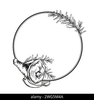 Illustrazione del cibo vettoriale disegnato a mano, set di stinco di maiale carnoso cotto alla griglia, rosmarino, aglio e pepe, carne di zampa di maiale, cibo tradizionale per Oktoberfes Illustrazione Vettoriale