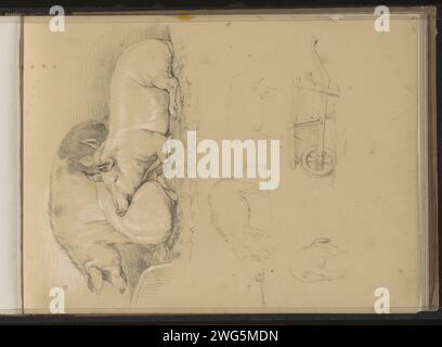 Pigs and a Handkar, 1859 - 1864 Leaf 46 Recto da un quaderno di bozzetti con 77 fogli. carta. matita. porcellino di gesso. carrello a mano Foto Stock