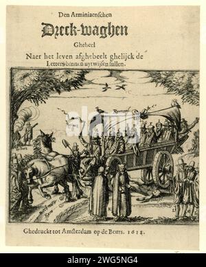 Stampa del titolo dell'opuscolo: Den Arminiaenschen Dreck-Waghen Gheel Naer The Life Impact Ghelijck The Letters Within Uytwijsen sullen, 1618, Anonymous, 1618 stampa del titolo dell'opuscolo 'Den Arminiaenschen Dreck-Waghen Gheel Naer het Life Ghelijck rilascia le lettere all'interno di Uytwijsen sullen', dal 1618. Lo spettacolo è basato sulla grande stampa anonima di "d'Arminiaensche Dreckwagen" (FM 1352). Novità: L'aggiunta della sciocchezza che viene schiacciata sotto le ruote della vettura e l'aggiunta di Bernardus Dwinglo, che si trova sul retro del carrello come "venditore di occhiali". La strada su cui Foto Stock