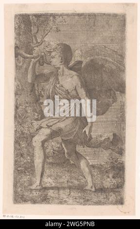 Trompetblazende engel, Léon Davent, in onore di Francesco Primaticcio, 1540 - 1556 stampa di angeli per incisione su carta Foto Stock