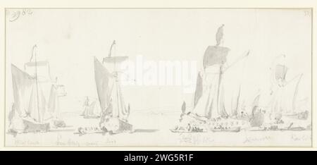 Partenza del re inglese Carlo II durante il suo viaggio sul Tamigi verso Sheerness e Chatham il 27 agosto 1681, Willem van de Velde (i), 1681 disegnando Fleet con le navi Charlotte, Cleveland, Isabella e Kitchen, tra le altre. carta. gesso. pennello a matita mare (paesaggio marino). ospiti in visita; ospiti in arrivo; compagnia elegante. Barca a vela, barca a vela (con NOME). eventi e situazioni storici. persone storiche. Nomi di manufatti e oggetti artificiali (edifici esclusi) Tamigi Foto Stock