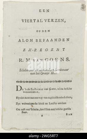 Girato con versi spot sui ritratti di Rijklof Michael van Goes e Petrus Hofstede, 1782, Anonimo, 1782 foglio di testo con nove botte sui due ritratti del Prinschinden Rijklof Michael van Goes e Petrus Hofstede, 1782. Doppia foglia stampata su tutti i lati. Stampa di carta da lettera nei Paesi Bassi del Nord Foto Stock