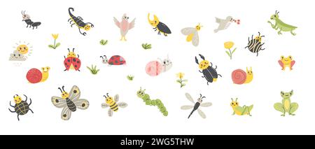 Carini animali da cartoni animati e insetti insetti, farfalle, uccelli, rana. Illustrazione vettoriale isolata. Beetle Bugs, Ladybird, caterpillar, lumaca e altri animali. Grande set di personaggi dei cartoni animati con fiori ed erba. Illustrazione Vettoriale