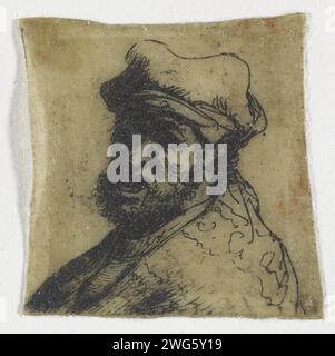Foglio di studi sulle teste degli uomini: Uomo che piange, tre quarti rimasti: Busto, Rembrandt van Rijn, c. 1629 stampa frammento di piatto tagliato. incisione pergamena (materiale animale) Foto Stock