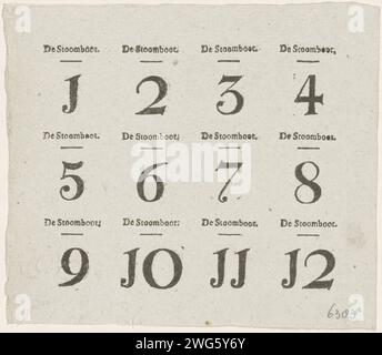 Carta numero alla partita del battello a vapore, CA. 1823-1829, Theodorus Johannes Wijnhoven-Hendriksen, 1823-1829 foglio di testo con la carta numerica 1-12 per il gioco da tavolo chiamato Steamboat game. Parte di un gruppo di giochi per bambini e da tavolo stampati nel periodo ca. 1750-1850. Giochi da tavolo per la stampa letterpress di Rotterdam. barca a pale Foto Stock