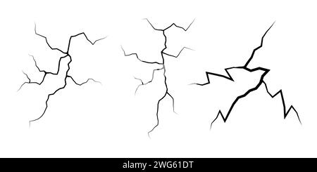 Serie di incrinature. Collezione di diversi fulmini neri. Crepa di terra. Imposta temporali e fulmini. Illustrazione vettoriale di fenomeni naturali attivata Illustrazione Vettoriale