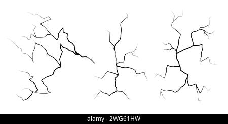 Serie di incrinature. Collezione di diversi fulmini neri. Crepa di terra. Imposta temporali e fulmini. Illustrazione vettoriale di fenomeni naturali attivata Illustrazione Vettoriale