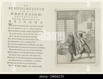 Cartone animato sul pastore Petrus Hofstede, 1785, Anonymous, 1785 stampa Cartoon on the Rotterdam Orange -Mind Pastor and professor Petrus Hofstede, 1785. Hofstede come venditore di statue (compreso il busto del principe Willem V) in una classe scolastica che viene battuta dal maestro con un toro-tendine. A seguito della lettera di Brinxma contro Hofstede e delle sue pubblicazioni "Apologia" (1785) e "Fiori sparsi sulla tomba di Friso" (1752). Sulla foglia accanto alla piastra un verso di 16 righe. Incisione/stampa di carta nei Paesi Bassi settentrionali punizione corporale a scuola: Castigazione, Foto Stock