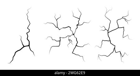 Serie di incrinature. Collezione di diversi fulmini neri. Crepa di terra. Imposta temporali e fulmini. Illustrazione vettoriale di fenomeni naturali attivata Illustrazione Vettoriale