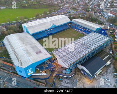 Sheffield, Yorkshire. Regno Unito. Sheffield Wednesday Football Club, Hillsborough Stadium. Immagine aerea. 26 gennaio 2024. Foto Stock