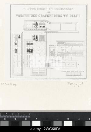 Mappa della cantina di sepoltura di Oranje-Nassau, 1844, 1844 Stampa mappa e sezione trasversale della cantina di sepoltura di Oranje-Nassau nel Nieuwe Kerk a Delft. Appartiene alle stampe del funerale dell'ex re Guglielmo i a Delft il 2 gennaio 1844. La mappa include una dichiarazione separata. Tipografia: Netherlandsprinter: Netherlandspublisher: La tomba di carta dell'Aia, la tomba e altre forme di tomba e lapidi nuova chiesa Foto Stock