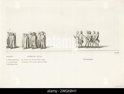 Membri dell'Esecutivo Provinciale della Frisia nella processione funebre della Principessa Maria Louise, 1765, 1765 stampa membri dell'Esecutivo Provinciale della Frisia e dei Baliffi. Contrassegnato in basso a destra: pl. XV Sulla foglia sotto il piatto i nomi delle persone nella processione. Parte della serie di registri dei funerali della principessa Maria Luisa a Leeuwarden il 13 giugno 1765. Leeuwarden paper etching cortege, processione funebre Leeuwarden Foto Stock