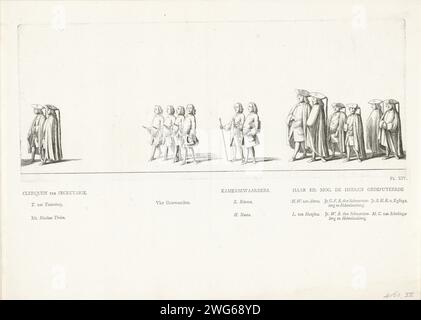 Klerken e membri dell'Esecutivo Provinciale della Frisia nella processione funebre della Principessa Maria Louise, 1765, 1765 stampa Klerken e membri dell'Esecutivo Provinciale della Frisia. Contrassegnato in basso a destra: pl. XIV Sulla foglia sotto il piatto i nomi delle persone nella processione. Parte della serie di registri dei funerali della principessa Maria Luisa a Leeuwarden il 13 giugno 1765. Leeuwarden paper etching cortege, processione funebre Leeuwarden Foto Stock