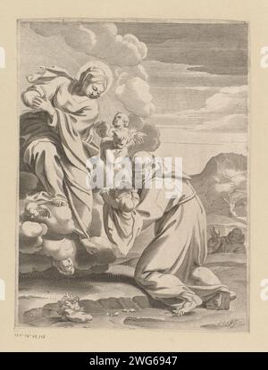 Maria Op Wolken guarda in basso sull'elemosina tonnik con il bambino in braccio, Claude Mellan (attribuito a), 1608 - 1688 carta stampata incisione Madonna: Cioè Maria con il Cristo bambino. monaci, frati Foto Stock