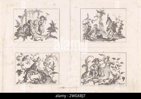 Quattro scene con uomini e donne incastrate, c. 1731 - 1788 stampa quattro scene su una foglia, numerate 5-8. Sopra un uomo con un tubo a sinistra e una donna con un rastrello a destra. Proprio sopra un uomo e una donna in conversazione. Lasciato sotto un uomo con un turbante con un lungo tubo su un ornamento di rocaille. Sotto un uomo con una pipa accanto ad un ornamento di rocaille con una tazza da birra. Pipa per incisione / incisione di carta di Augusta  tabacco (+ assunzione (particolare) di alimenti: Mangiare, bere, fumare, masticare, ecc.) Foto Stock