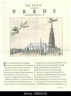 Proclamazione della pace di Munster a Breda, 1648, Abraham Dircksz. Santvoort, 1648 stampa distribuzione della Pace di Munster a Breda, 5 giugno 1648. Vista dell'Onze-lieve-Vrouwekerk o della Grote Kerk a Breda. Sopra la torre della chiesa la fama che proclama la pace, una mano dalle nuvole con un ramo d'ulivo sulla sinistra. Sotto lo spettacolo un versetto olandese su due colonne. Stampa carta Breda con incisione/stampa tipografica proclamazione di pace. Il luogo di culto e le sue attrezzature  chiese cristiane. Fama; 'fama', 'fama buona', 'fama chiara' (Ripa) grande chiesa Foto Stock