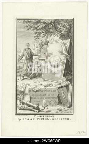 Creazione, Jan Caspar Philips, 1732 stampa Paradise landscape con un uomo barbuto, che indica un dipinto in cui è stato presentato il quarto giorno della creazione: Il globo in mezzo al sole, alla luna e alle stelle. Accanto ad esso un Bijenkorf, che simboleggia il lavoro diligente. In primo piano il titolo in olandese e vari attributi che simboleggiano la creazione. Incisione/incisione dei sei giorni della creazione di Amsterdam (Genesi 1:3-25). Creazione. pettine di miele Foto Stock