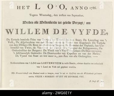 Invito a portare il principe Willem V a slot Loevestein, 1786, Pierre Gosse Jr., 1786 invito in forma di foglio di testo sotto forma di avviso funebre satirico patriotse o notifica al popolo di accompagnare il principe Willem V il 20 settembre, 1786 da Paleis Het Loo a slot Loevestein dove sarà rinchiuso. I titoli del detentore dello stato sono elencati, tra le altre cose: Il primo principe di Pranje amato; il Troutelkind di Stato, il traditore della libertà ecc.. La stampante a pressione per carta dell'Aia stampa il blocco Loevestein. Palace Het Loo Foto Stock