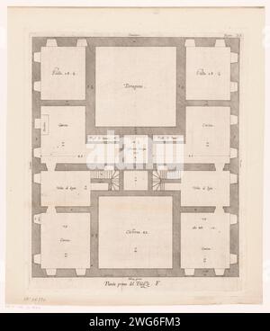 Mappa del seminterrato di Palazzo Spinola a Genova, Nicolaes Ryckmans, 1622 stampa con spiegazione italiana. Piano di incisione carta di Anversa  architettura. Hôtel, cioè piccolo palazzo della città - AA - architettura civica: All'interno di Palazzo Spinola Foto Stock