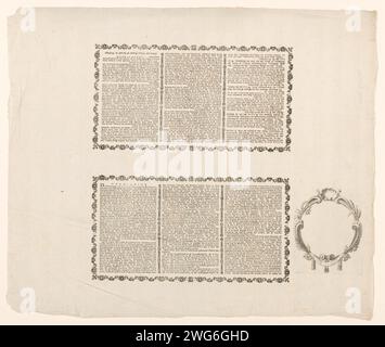 Spiegazione all'allegoria in onore del re di Prussia per la sua restaurazione dello stadholder di Willem V, 1788, Johannes le Francq van Berkhey, 1789 foglio di testo foglio di testo con una dichiarazione dell'allegoria in onore del re di Prussia per la sua restaurazione dello Stadholder di Willem V, 1788. Dichiarazione in olandese in due parti di tre colonne ciascuna stampata su un foglio, con un cartiglio vuoto. carta per stampa letterpress / incisione / incisione Foto Stock