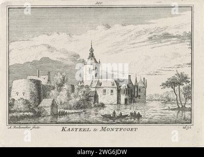 Vista del castello di Montfoort, Abraham Rademaker, stampa 1727 - 1733 Vista sul lato e sul retro del castello di Montfoort, nella situazione intorno al 1640. Sulla parte sinistra delle mura della città. In primo piano due barche con pescatori. Castello per incidere la carta di Amsterdam. canottaggio, canoa, ecc. fisherman Montfoort Foto Stock