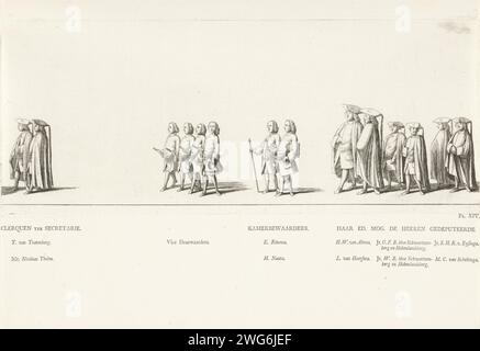 Klerken e membri dell'Esecutivo Provinciale della Frisia nella processione funebre della Principessa Maria Louise, 1765, 1765 stampa Klerken e membri dell'Esecutivo Provinciale della Frisia. Contrassegnato in basso a destra: pl. XIV Sulla foglia sotto il piatto i nomi delle persone nella processione. Parte della serie di registri dei funerali della principessa Maria Luisa a Leeuwarden il 13 giugno 1765. Leeuwarden paper etching cortege, processione funebre Leeuwarden Foto Stock