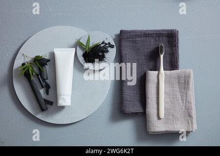 Posa piatta del tubo cosmetico con carbone attivo di bambù. Concetto di cura dentale. Vista dall'alto, dall'alto Foto Stock