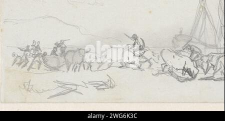 Buoi che hanno trascinato un blocco di pietra su una spiaggia, Johan Daniël Koelman, 1841 - 1857 carta da disegno. veicolo a quattro ruote a matita trainato da più di tre animali. bull Foto Stock