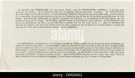 Allegoria sul recupero di Willem V come Stadholder, 1787, Anonymous, 1787 stampa allegoria orangistica sul ripristino di Stadholder Willem V nel 1787. Lo stadholder si trova su una pietra angolare con la Vergine olandese e il Leone. Doppio tentativo invano di rovesciare la pietra angolare dell'edificio statale. Un'aquila prussiana Verjaaagt il gallo francese e la pantera inglese. L'Eendracht ha fulmini che scendono dal cielo sulla discordia. Con didascalia in due colonne. La stampa include anche una spiegazione separata. Incisione/incisione della carta nei Paesi Bassi settentrionali personalizzazioni di paesi, nazioni Foto Stock