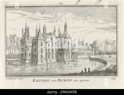 Retro di Kasteel Buren, Abraham Rademaker, 1727 - 1733 stampa Vista sul retro di Kasteel Buren e il Gracht, nella situazione intorno al 1719. Amsterdam paper etching Buren Castle Foto Stock