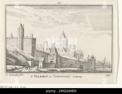 Veduta del Valkhof a Nijmegen, Abraham Rademaker, 1727 - 1733 stampa Vista dal Waal sul Valkhofburcht a Nijmegen, nella situazione intorno al 1631. Amsterdam paper etching Valkhof. Waal Foto Stock