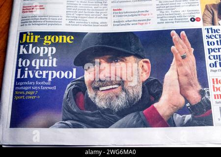 "Jür Gone (Jürgen) Klopp to Quit Liverpool' Football Club as Premier League manager Newspaper headline Guardian front page 27 gennaio 2024 Londra Regno Unito Foto Stock
